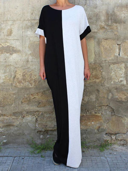 Split Joint Color Round Neck Short Sleeve Loose Maxi Kaftan Dress