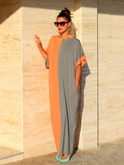 Split Joint Color Round Neck Short Sleeve Loose Maxi Kaftan Dress