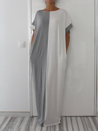 Split Joint Color Round Neck Short Sleeve Loose Maxi Kaftan Dress