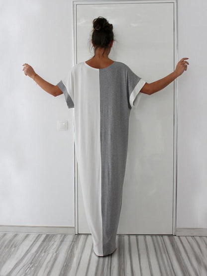 Split Joint Color Round Neck Short Sleeve Loose Maxi Kaftan Dress