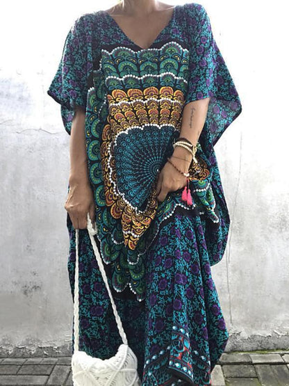 Floral-Printed Round Neck Short Sleeve Loose Maxi Kaftan Dress