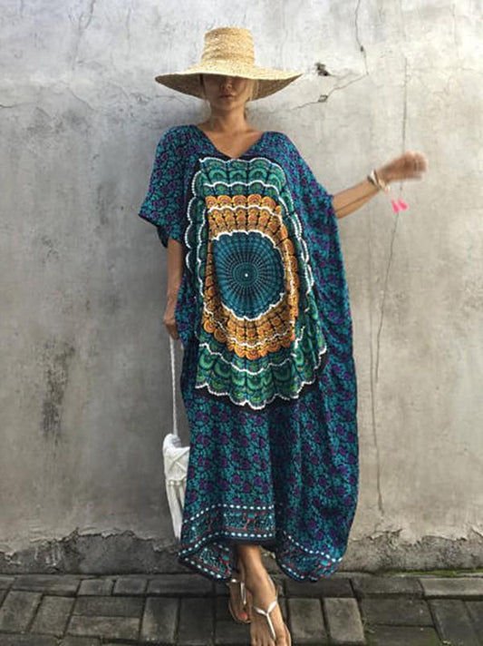 Floral-Printed Round Neck Short Sleeve Loose Maxi Kaftan Dress