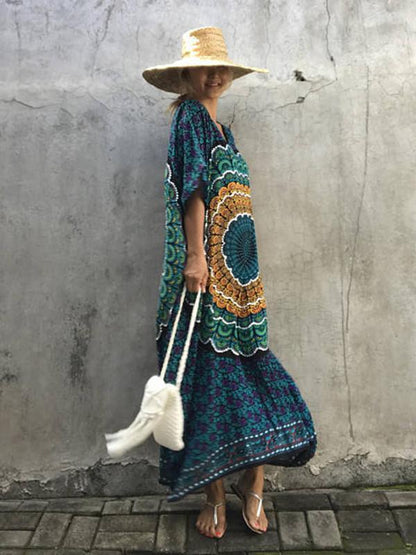 Floral-Printed Round Neck Short Sleeve Loose Maxi Kaftan Dress