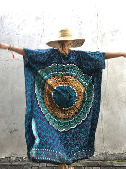 Floral-Printed Round Neck Short Sleeve Loose Maxi Kaftan Dress