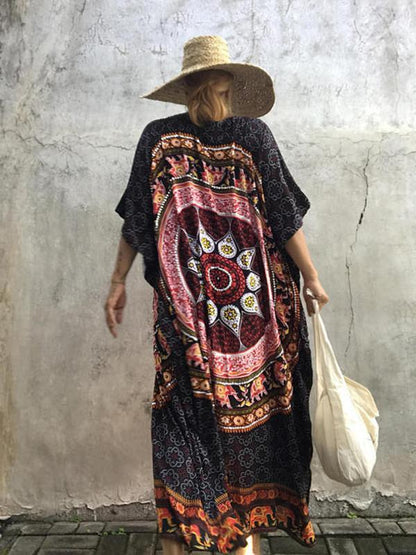 Floral-Printed Round Neck Short Sleeve Loose Maxi Kaftan Dress