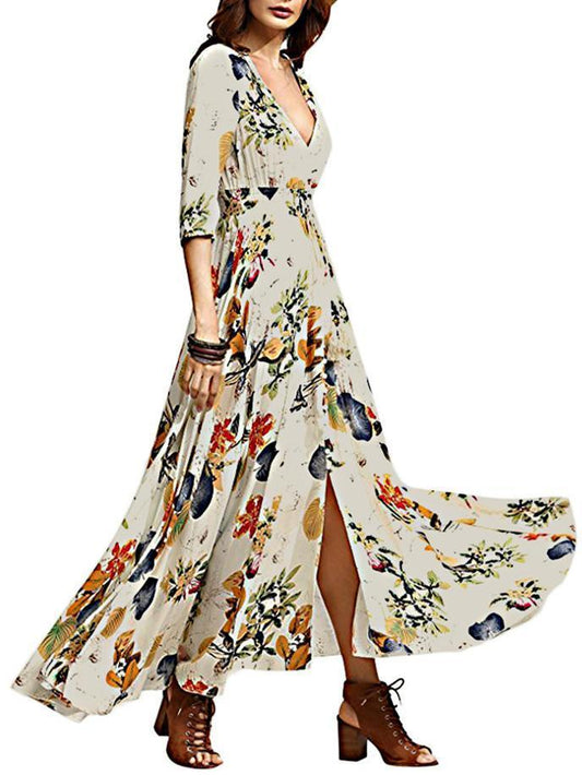 Pretty Bohemia Floral Printed V Neck Maxi Dress