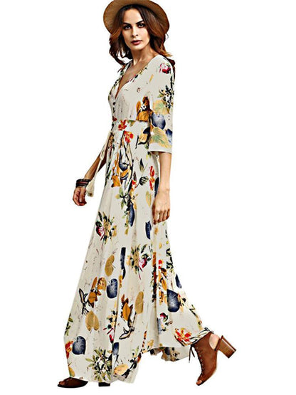 Pretty Bohemia Floral Printed V Neck Maxi Dress