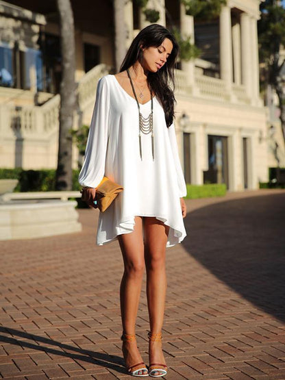Chiffon Solid Color V Neck Mini Dress