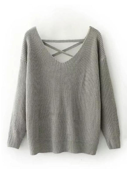 Fashion Solid Color V-neck Halterback Bandage Sweater Tops