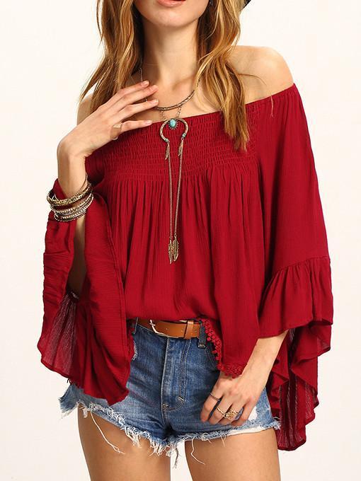 Beautiful Wine-red Falbala Sleeve Off-the-shoulder T-Shirt Tops