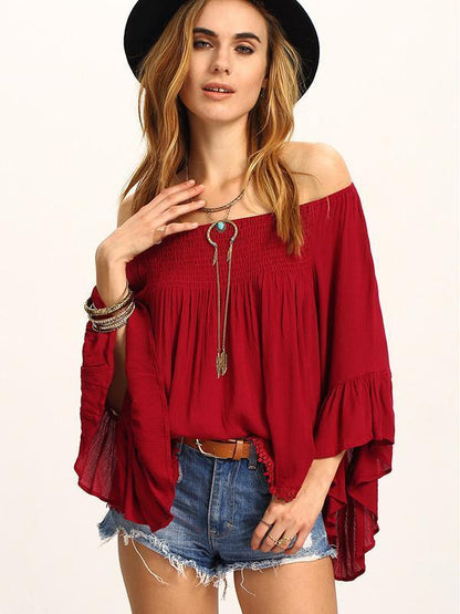 Beautiful Wine-red Falbala Sleeve Off-the-shoulder T-Shirt Tops