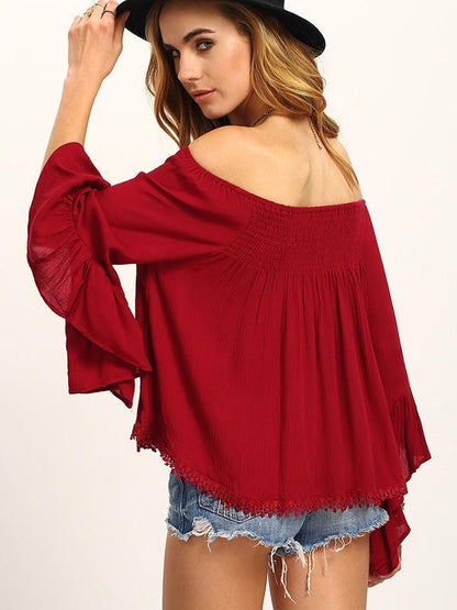 Beautiful Wine-red Falbala Sleeve Off-the-shoulder T-Shirt Tops