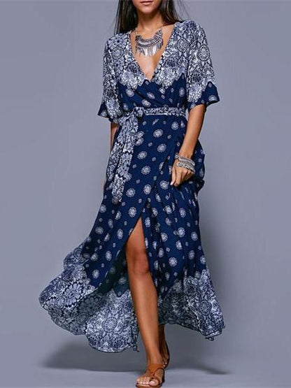 Bohemia Floral Split-side With Raised Bands Short Sleeve V-neck Maxi Dress
