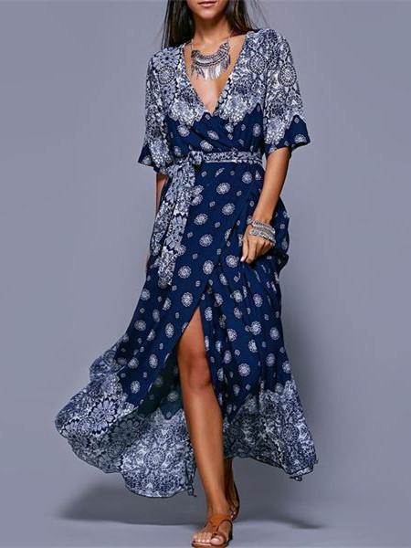 Bohemia Floral Split-side With Raised Bands Short Sleeve V-neck Maxi Dress