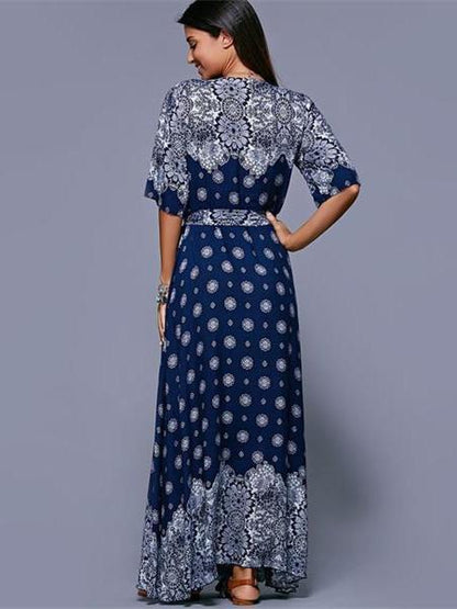 Bohemia Floral Split-side With Raised Bands Short Sleeve V-neck Maxi Dress