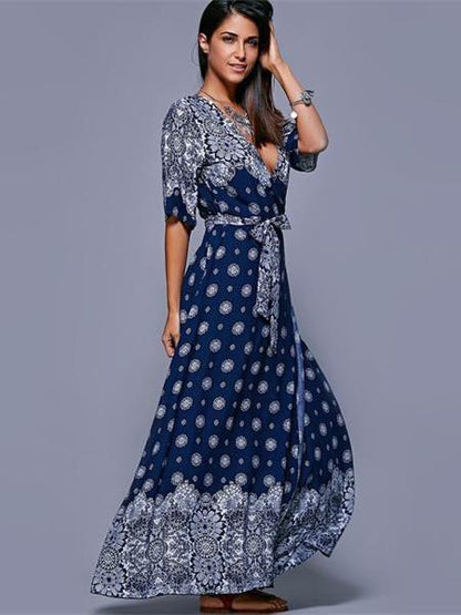 Bohemia Floral Split-side With Raised Bands Short Sleeve V-neck Maxi Dress