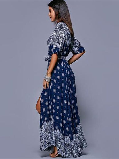 Bohemia Floral Split-side With Raised Bands Short Sleeve V-neck Maxi Dress
