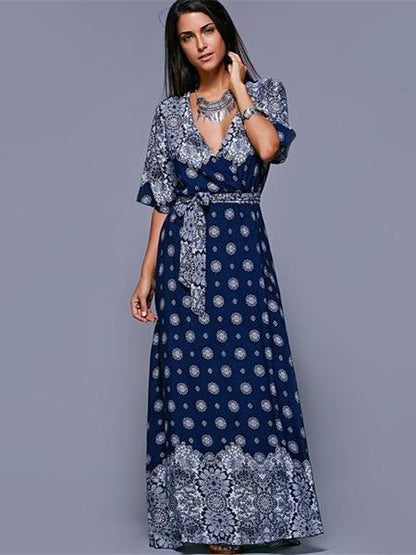 Bohemia Floral Split-side With Raised Bands Short Sleeve V-neck Maxi Dress