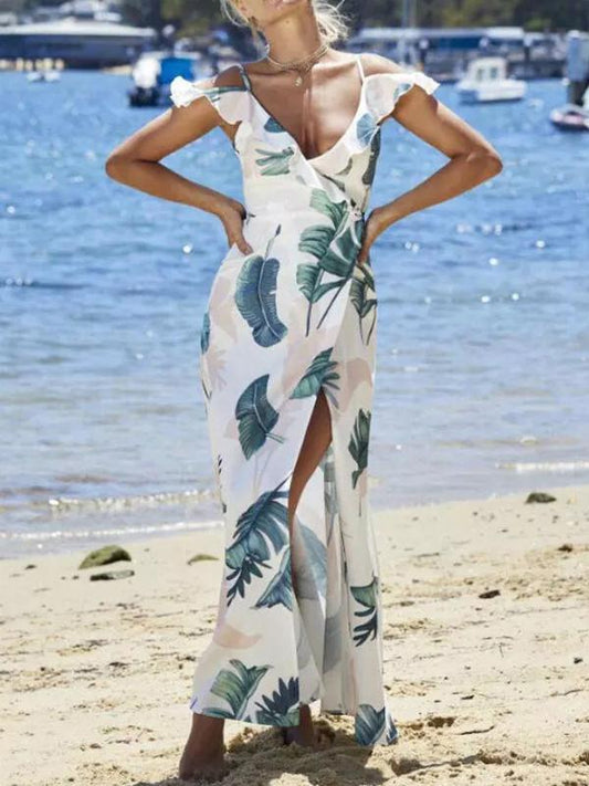Leaves Printed Split-side Spaghetti-neck Maxi Dress