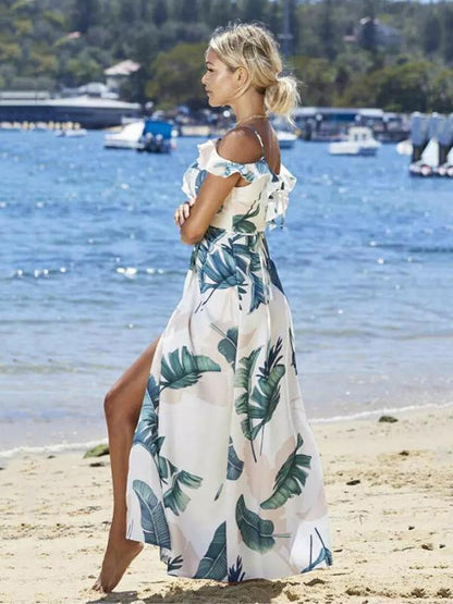 Leaves Printed Split-side Spaghetti-neck Maxi Dress