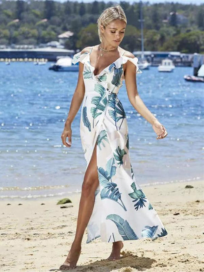 Leaves Printed Split-side Spaghetti-neck Maxi Dress