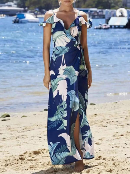 Leaves Printed Split-side Spaghetti-neck Maxi Dress