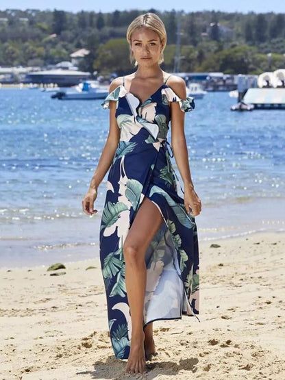Leaves Printed Split-side Spaghetti-neck Maxi Dress