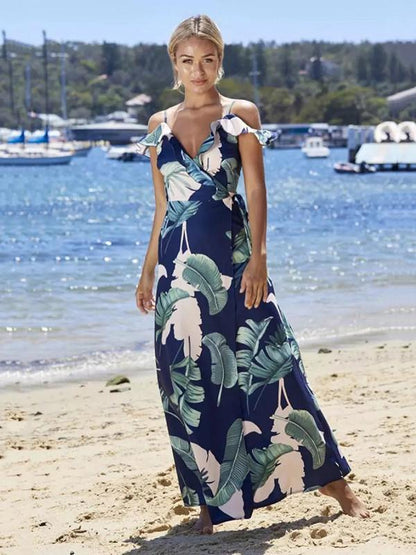Leaves Printed Split-side Spaghetti-neck Maxi Dress