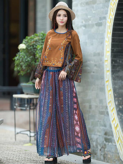 Vintage Printed Big Hem Wide Leg Bottom Casual Pants