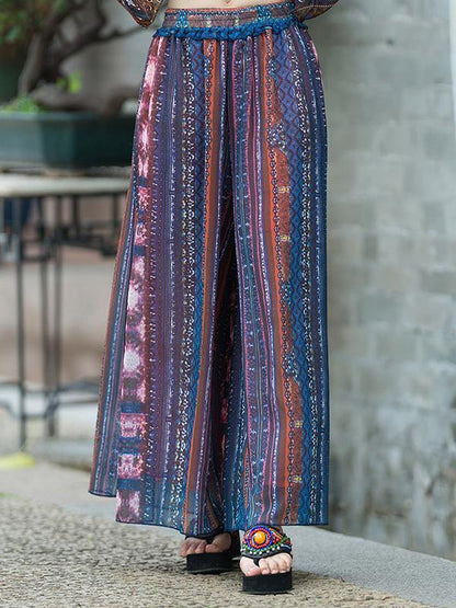 Vintage Printed Big Hem Wide Leg Bottom Casual Pants