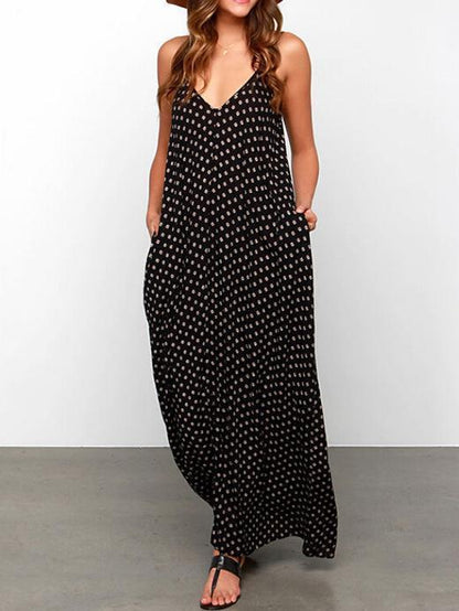 Casual Long Dacron Dress in Black with White Spots