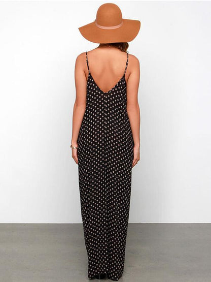 Casual Long Dacron Dress in Black with White Spots