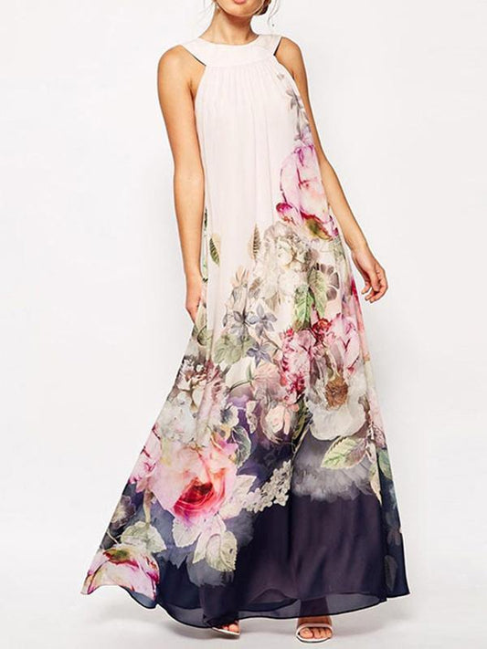 Chiffon Floral Printed Halterneck Sleeveless Maxi Dress