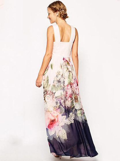Chiffon Floral Printed Halterneck Sleeveless Maxi Dress