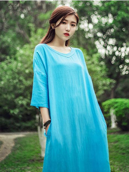 Red&Sky-blue&Pink Ramie Cotton Dress
