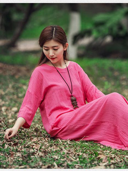 Red&Sky-blue&Pink Ramie Cotton Dress