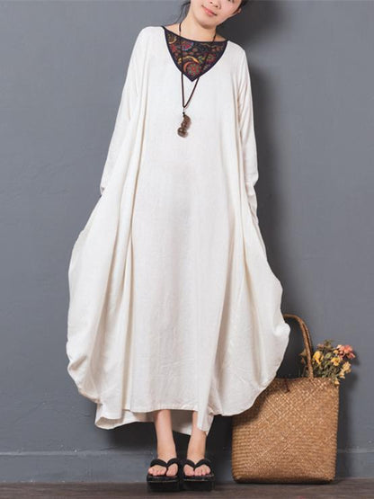 Vintage Printed Long Sleeve Ramie Cotton Dress