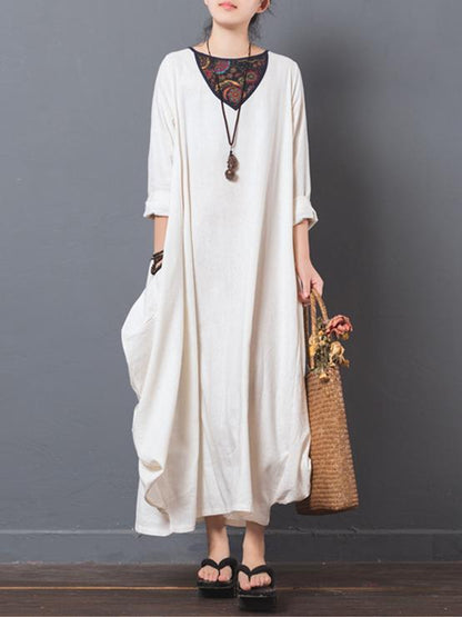Vintage Printed Long Sleeve Ramie Cotton Dress