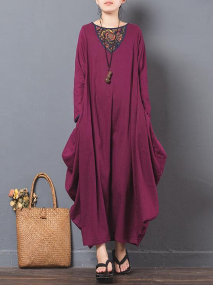 Vintage Printed Long Sleeve Ramie Cotton Dress