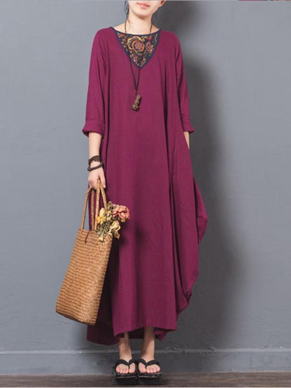 Vintage Printed Long Sleeve Ramie Cotton Dress