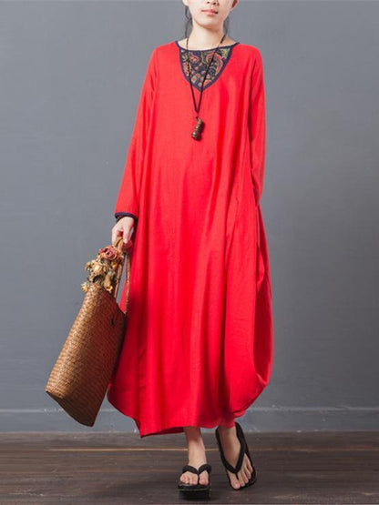Vintage Printed Long Sleeve Ramie Cotton Dress