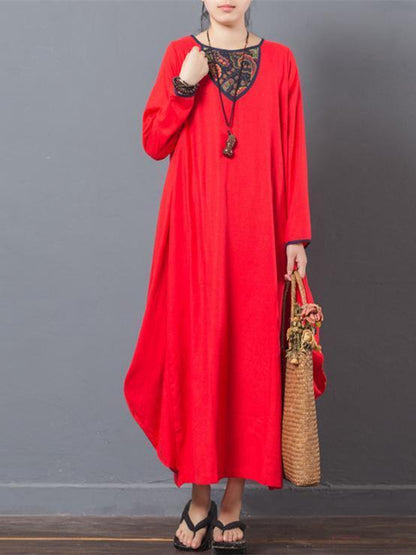 Vintage Printed Long Sleeve Ramie Cotton Dress