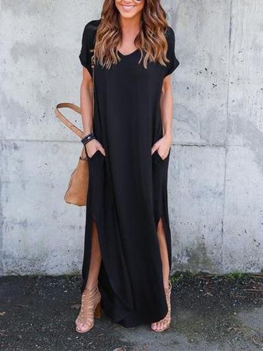 Fashion Simple Casual Long Dress, Black and Grey Color