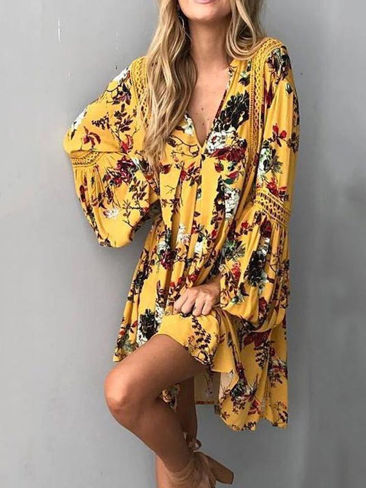 Yellow Floral Flared Sleeves V-neck Mini Dress