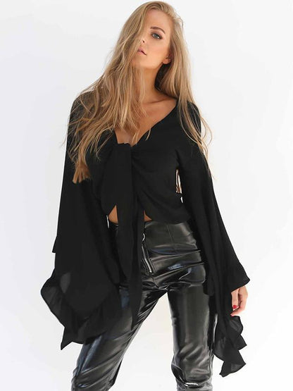Chiffon Flared Sleeves V-neck Blouse&shirt Tops