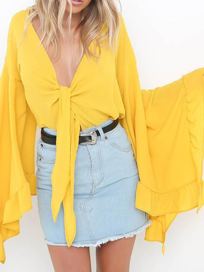 Chiffon Flared Sleeves V-neck Blouse&shirt Tops