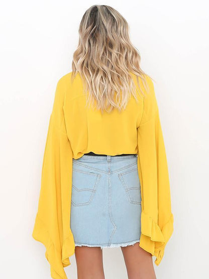 Chiffon Flared Sleeves V-neck Blouse&shirt Tops
