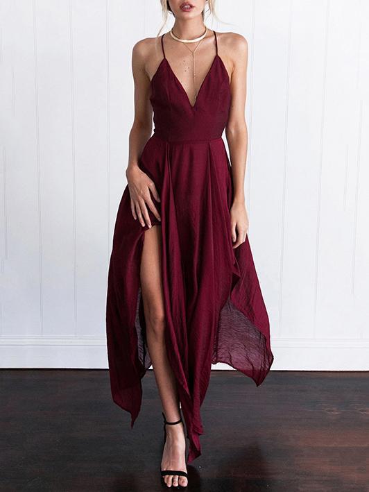 Burgundy Spaghetti-neck Cropped Split-side Maxi Dress