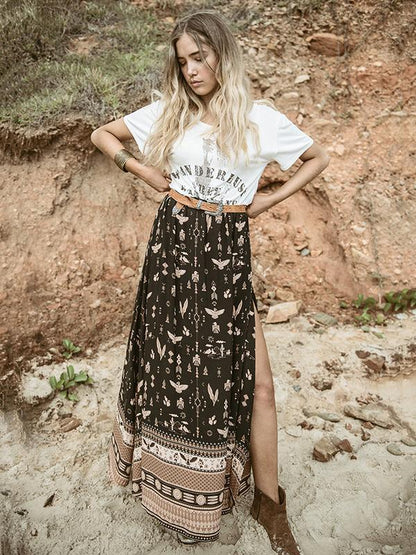 Split-side Dacron Skirt with Authentic Ornament in Black or Blue Color