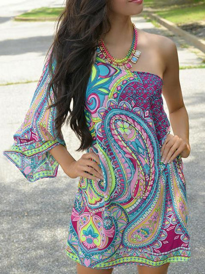 Bohemia Floral-printed One-shoulder Mini Dress
